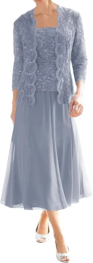 2 Piece Mother of The Bride Dresses for Wedding Tea Length Lace Chiffon Formal Dress Grandmother Dresses with Jackets