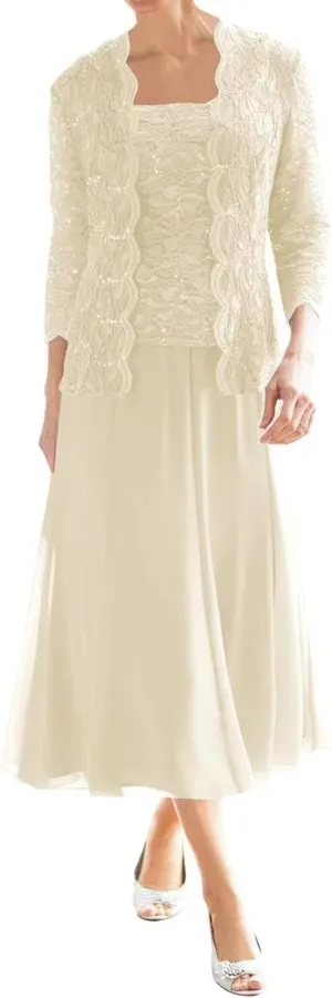 2 Piece Mother of The Bride Dresses for Wedding Tea Length Lace Chiffon Formal Dress Grandmother Dresses with Jackets