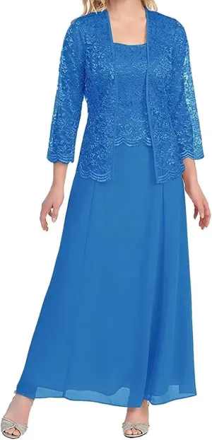 2 Piece Mother of The Bride Dresses for Women with Jackets Tea Length Chiffon Formal Dress for Wedding Guest Long Sleeve