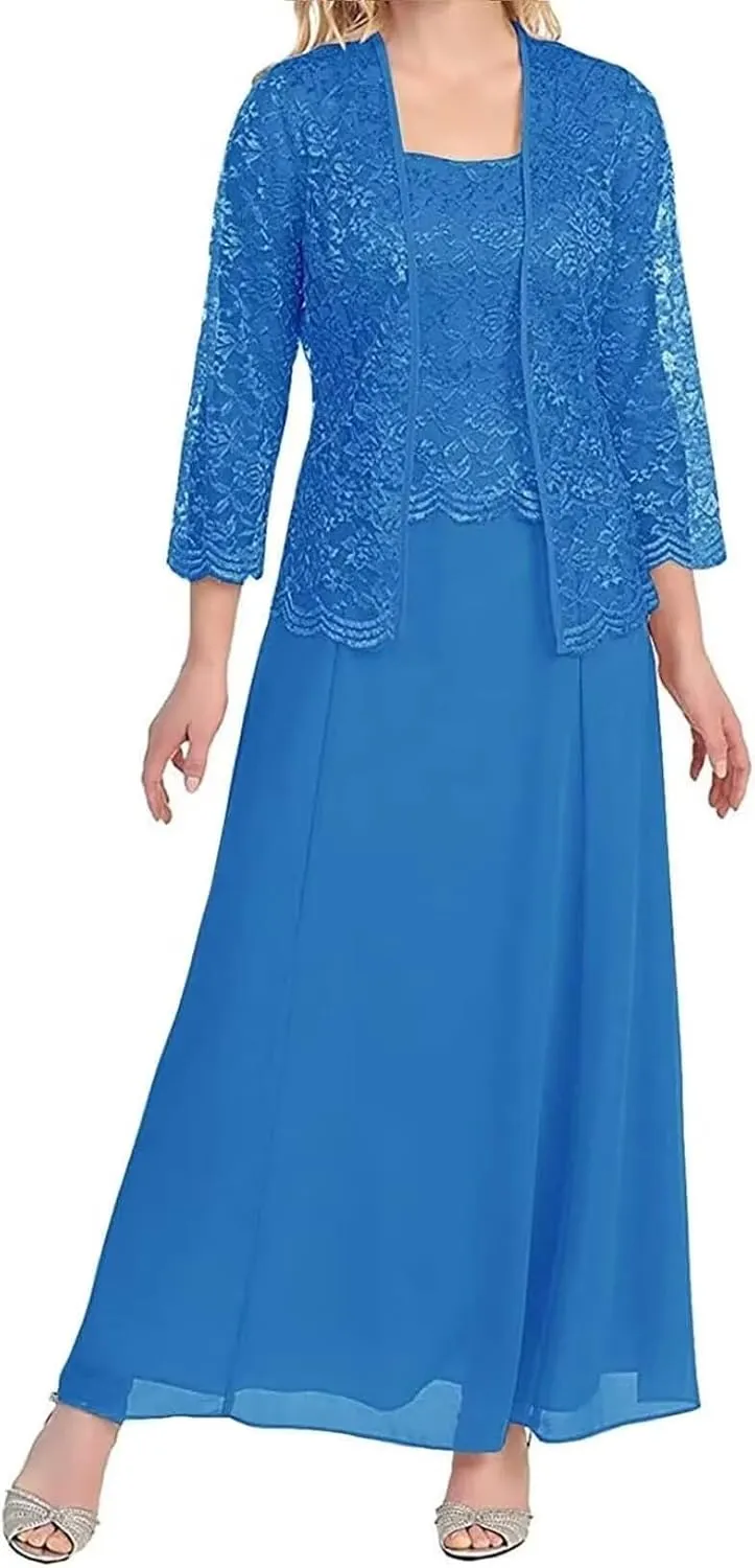 2 Piece Mother of The Bride Dresses for Women with Jackets Tea Length Chiffon Formal Dress for Wedding Guest Long Sleeve