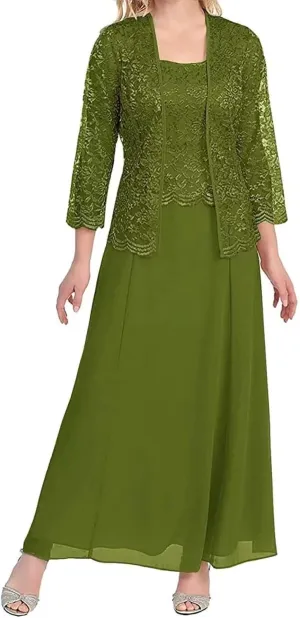 2 Piece Mother of The Bride Dresses for Women with Jackets Tea Length Chiffon Formal Dress for Wedding Guest Long Sleeve