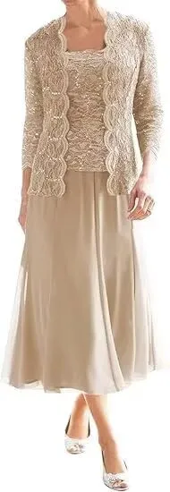 2 Piece Mother of The Bride Dresses with Jacket Lace Chiffon Tea Length 3/4 Sleeve Formal Dress for Women Wedding Guest