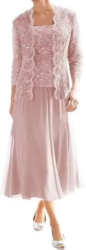 2 Piece Mother of The Bride Dresses with Jacket Lace Chiffon Tea Length 3/4 Sleeve Formal Dress for Women Wedding Guest