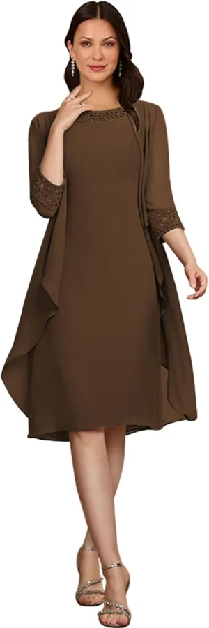 2 Piece Mother of The Bride Dresses with Jackets 3/4 Sleeve Formal Evening Gown Chiffon Beaded Wedding Guest Dresses