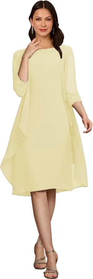 2 Piece Mother of The Bride Dresses with Jackets 3/4 Sleeve Formal Evening Gown Chiffon Beaded Wedding Guest Dresses