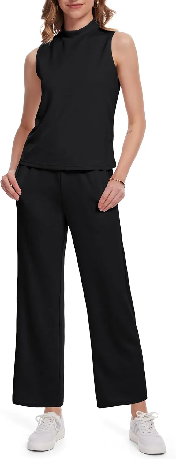 2 Piece Sets for Tall Women Summer Lounge Matching Outfits Mock Neck Tops Wide Leg Crop Pants Vacation Travel