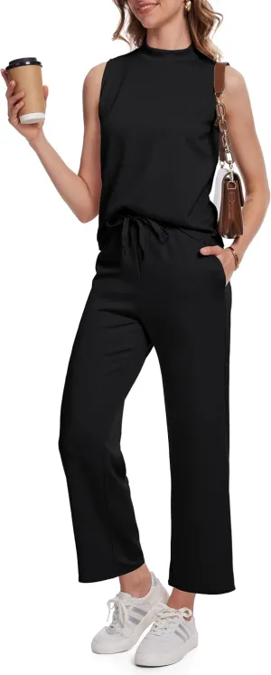 2 Piece Sets for Tall Women Summer Lounge Matching Outfits Mock Neck Tops Wide Leg Crop Pants Vacation Travel