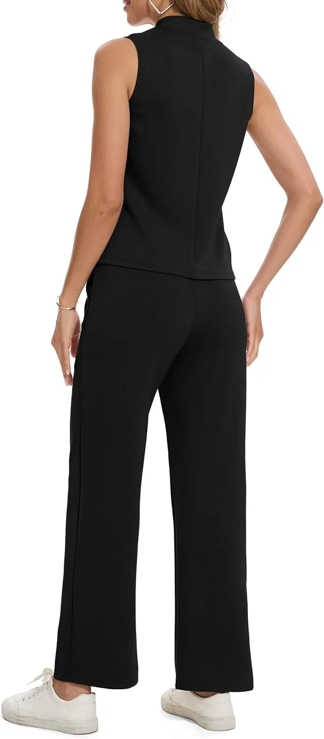 2 Piece Sets for Tall Women Summer Lounge Matching Outfits Mock Neck Tops Wide Leg Crop Pants Vacation Travel