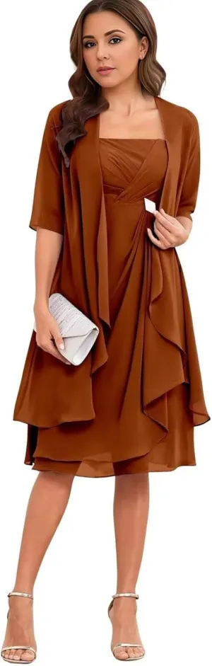 2 Pieces Mother of The Bride Dresses for Wedding Lace Applique Chiffon Tea Length Mother of The Groom Gown with Jackets