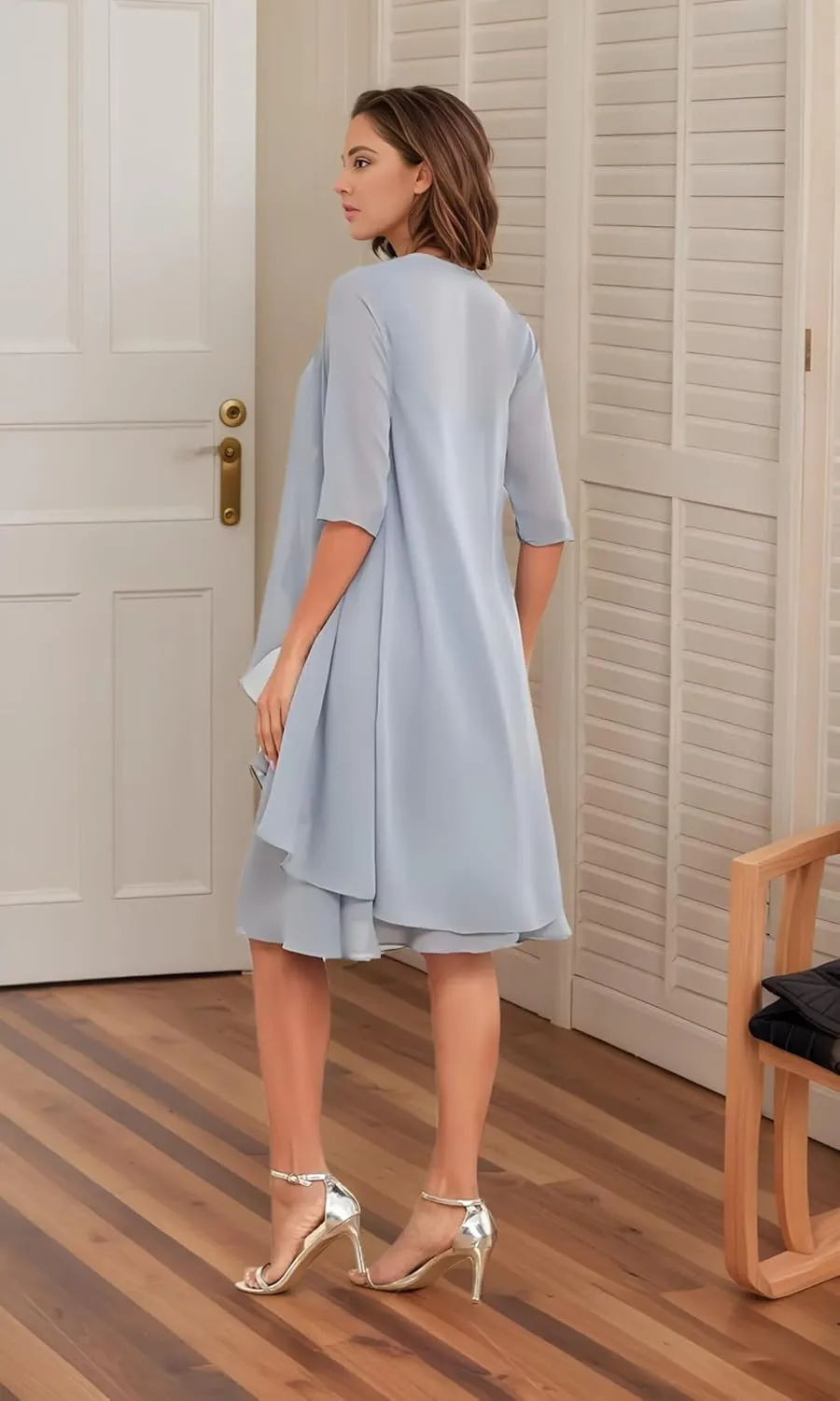 2 Pieces Mother of The Bride Dresses for Wedding Lace Applique Chiffon Tea Length Mother of The Groom Gown with Jackets