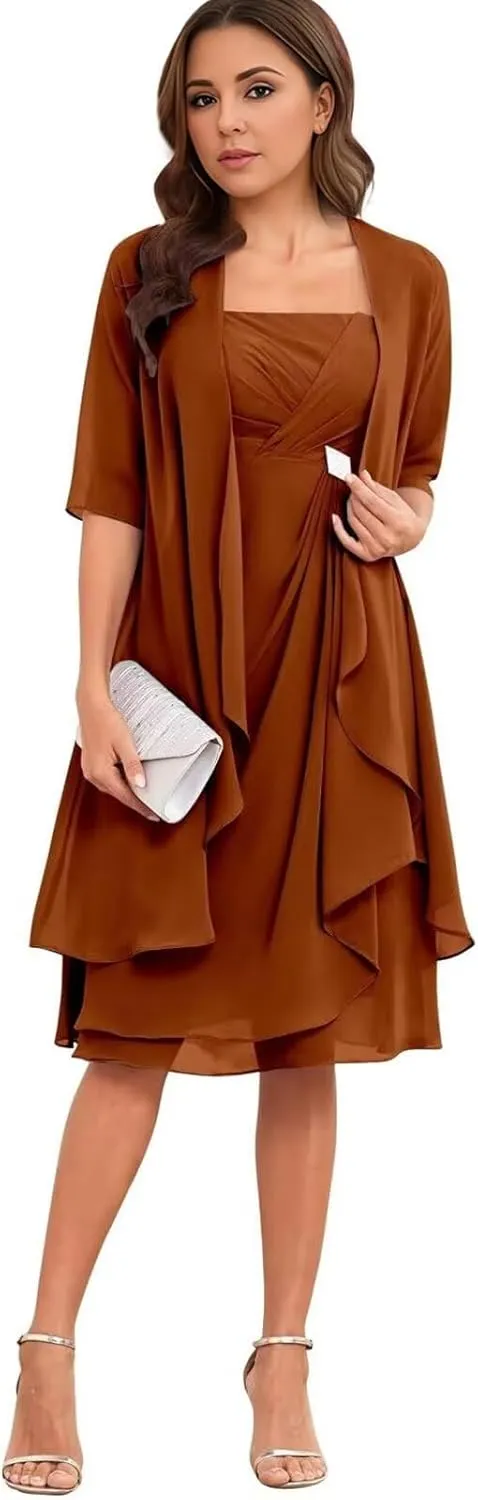 2 Pieces Mother of The Bride Dresses for Wedding Lace Applique Chiffon Tea Length Mother of The Groom Gown with Jackets