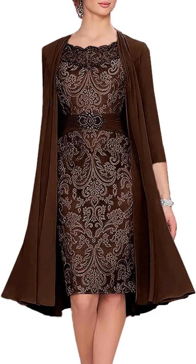 2 Pieces Mother of The Bride Dresses with Jacket Laces Appliques Mother of The Groom Dresses for Wedding Tea Length