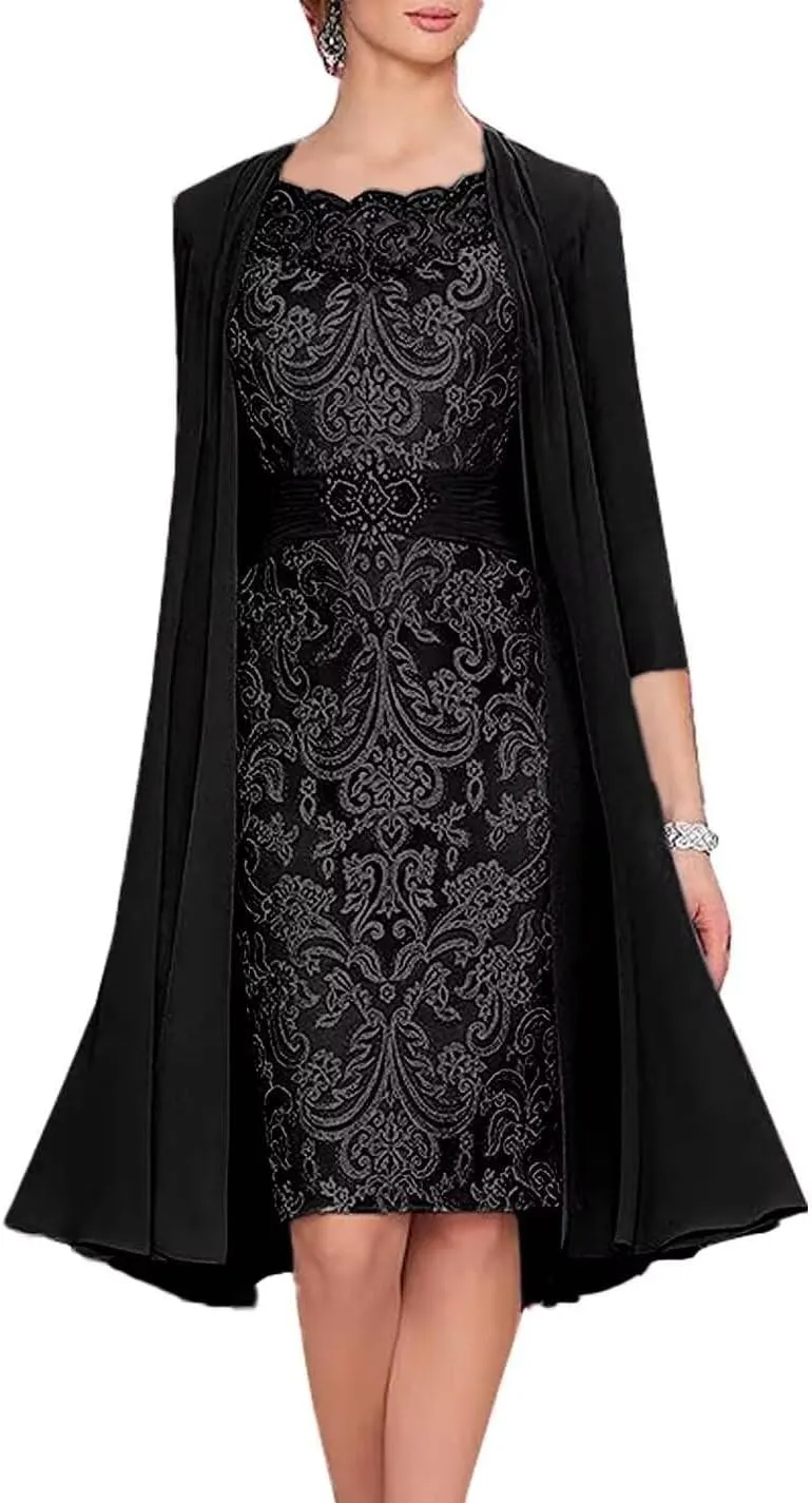 2 Pieces Mother of The Bride Dresses with Jacket Laces Appliques Mother of The Groom Dresses for Wedding Tea Length