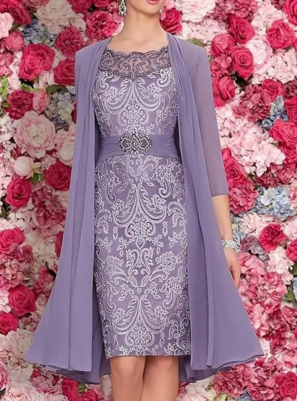 2 Pieces Mother of The Bride Dresses with Jacket Laces Appliques Mother of The Groom Dresses for Wedding Tea Length
