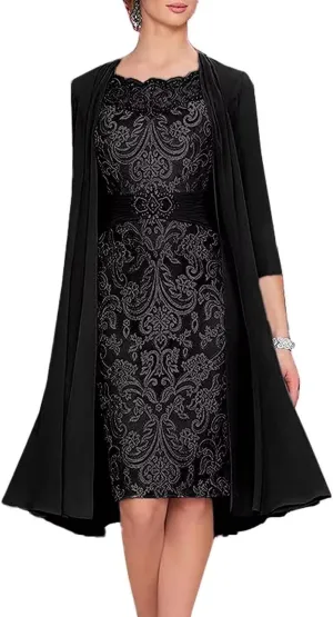 2 Pieces Mother of The Bride Dresses with Jacket Laces Appliques Mother of The Groom Dresses for Wedding Tea Length