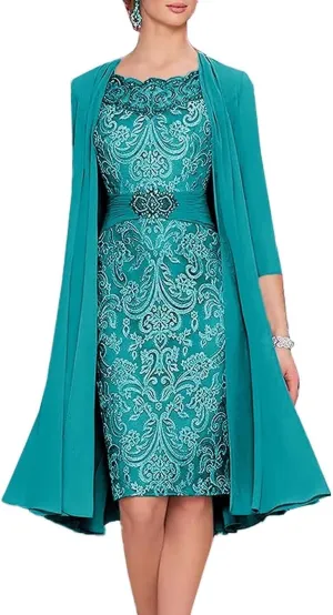 2 Pieces Mother of The Bride Dresses with Jacket Laces Appliques Mother of The Groom Dresses for Wedding Tea Length