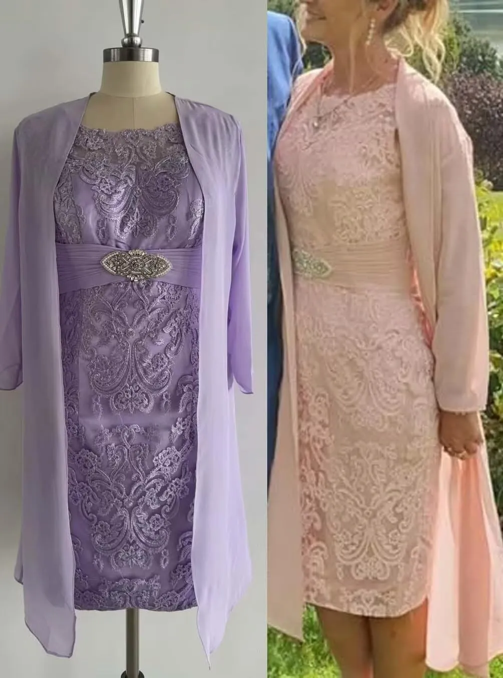 2 Pieces Mother of The Bride Dresses with Jacket Laces Appliques Mother of The Groom Dresses for Wedding Tea Length