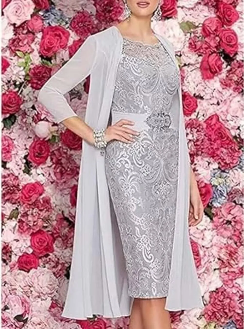 2 Pieces Mother of The Bride Dresses with Jacket Laces Appliques Mother of The Groom Dresses for Wedding Tea Length