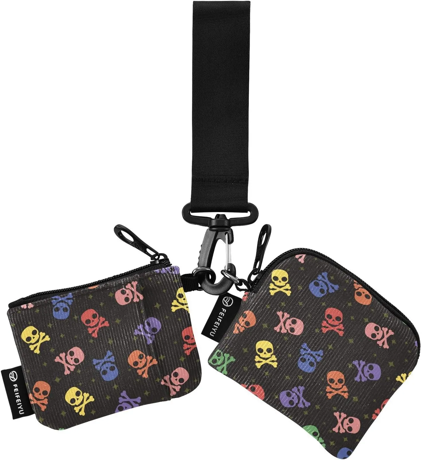 2PCS Coin Purse Wristlet Wallets Keychain Wallet Zip Around Portable Wallet with Detachable Dual Pouch Colorful Skulls