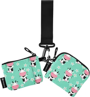 2PCS Coin Purse Wristlet Wallets Keychain Wallet Zip Around Portable Wallet with Detachable Dual Pouch Cute Cow Eating Grass