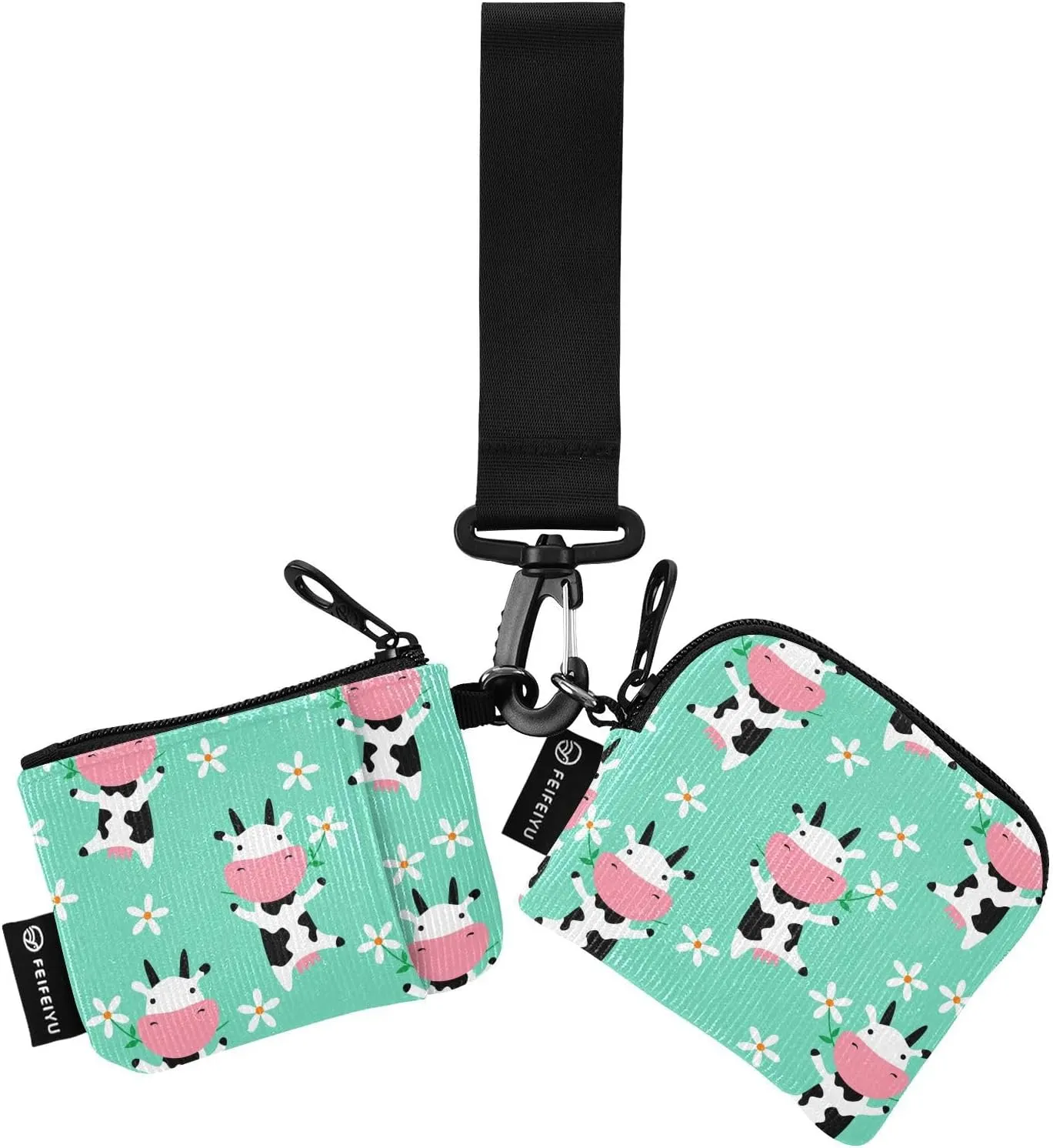 2PCS Coin Purse Wristlet Wallets Keychain Wallet Zip Around Portable Wallet with Detachable Dual Pouch Cute Cow Eating Grass
