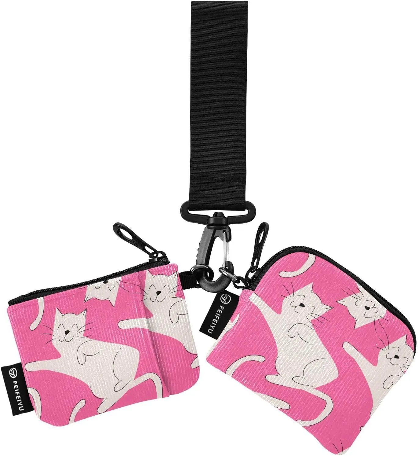 2PCS Coin Purse Wristlet Wallets Keychain Wallet Zip Around Portable Wallet with Detachable Dual Pouch Cute Simple Cat