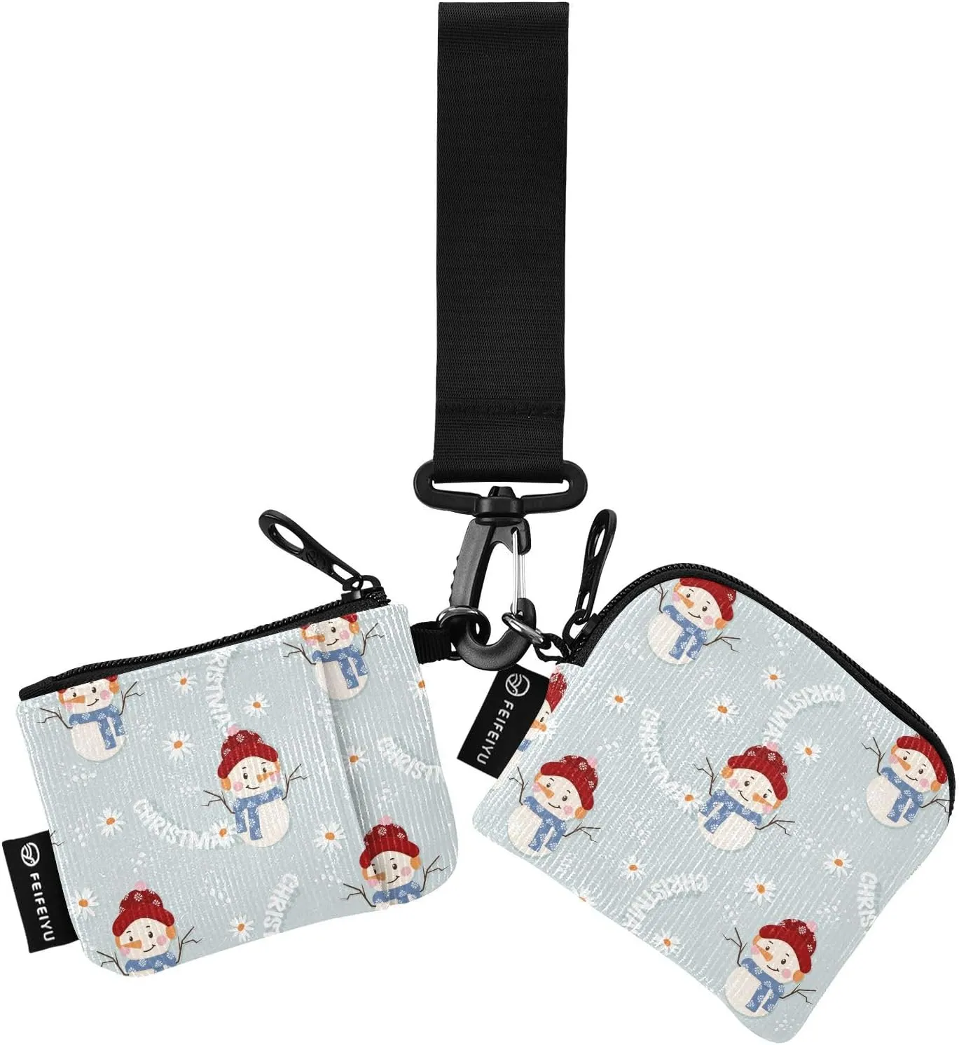 2PCS Coin Purse Wristlet Wallets Keychain Wallet Zip Around Portable Wallet with Detachable Dual Pouch Cute Snowman Christmas Hat