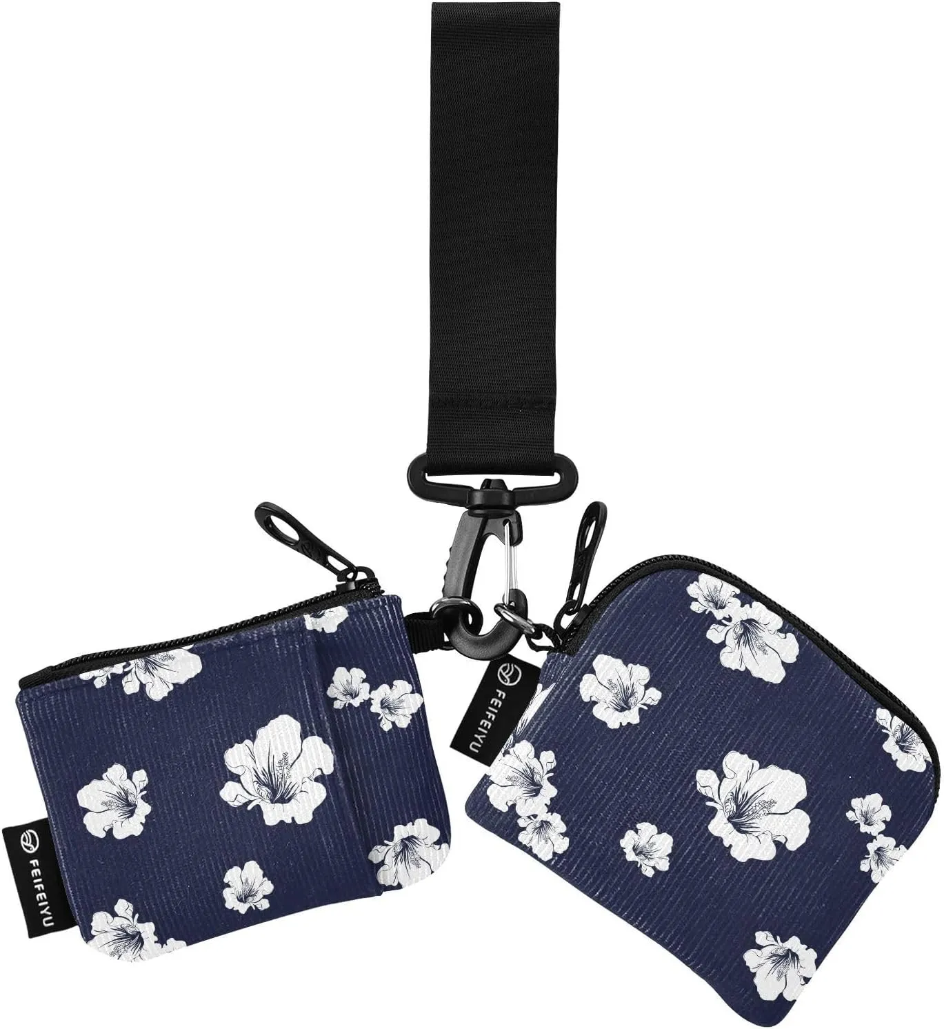 2PCS Coin Purse Wristlet Wallets Keychain Wallet Zip Around Portable Wallet with Detachable Dual Pouch Flowers On Dark Blue