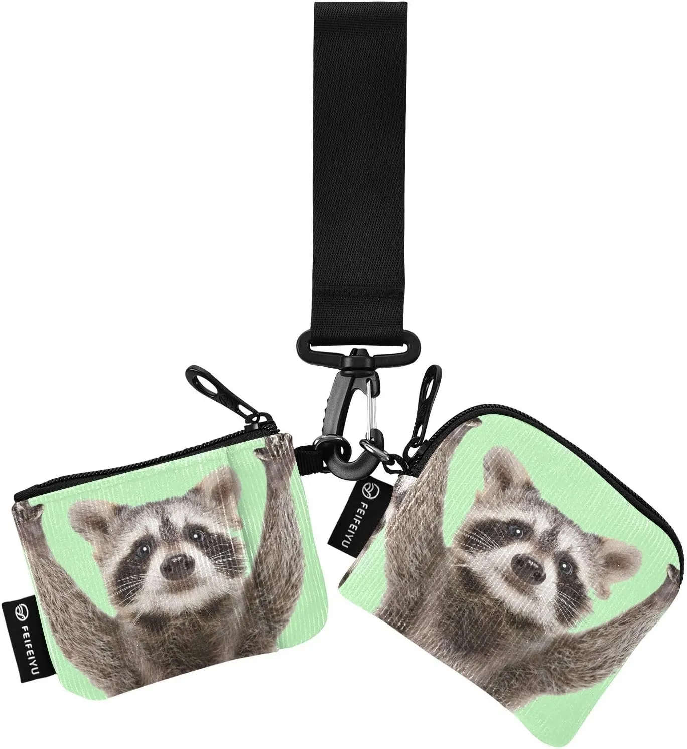 2PCS Coin Purse Wristlet Wallets Keychain Wallet Zip Around Portable Wallet with Detachable Dual Pouch Funny Raccoon