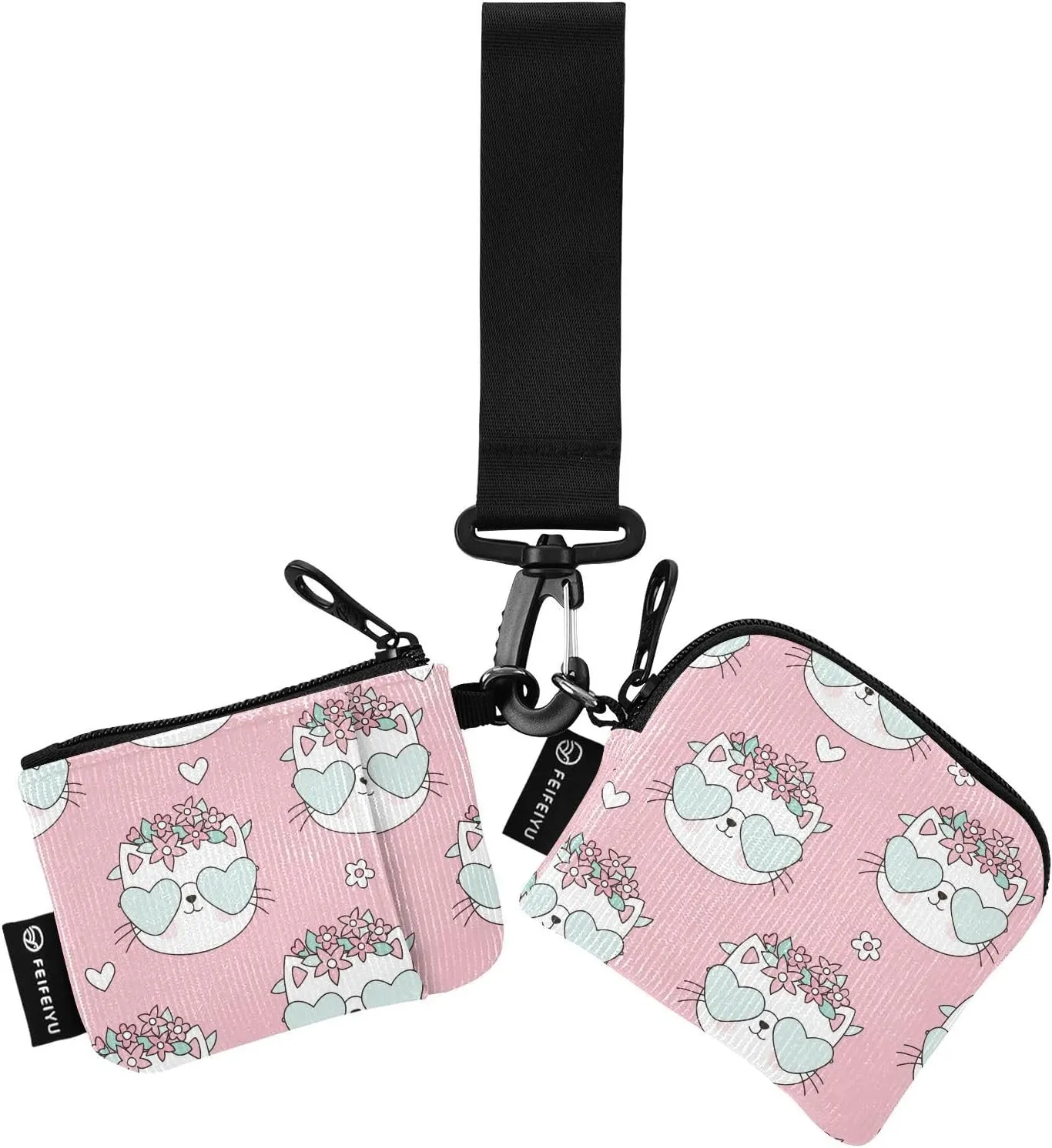 2PCS Coin Purse Wristlet Wallets Keychain Wallet Zip Around Portable Wallet with Detachable Dual Pouch Pink Cats