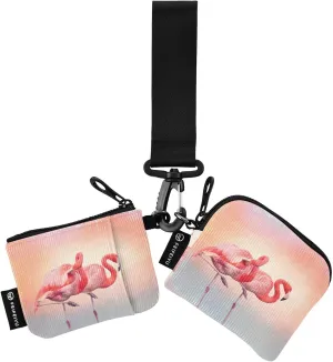 2PCS Coin Purse Wristlet Wallets Keychain Wallet Zip Around Portable Wallet with Detachable Dual Pouch Two Pink Flamingos