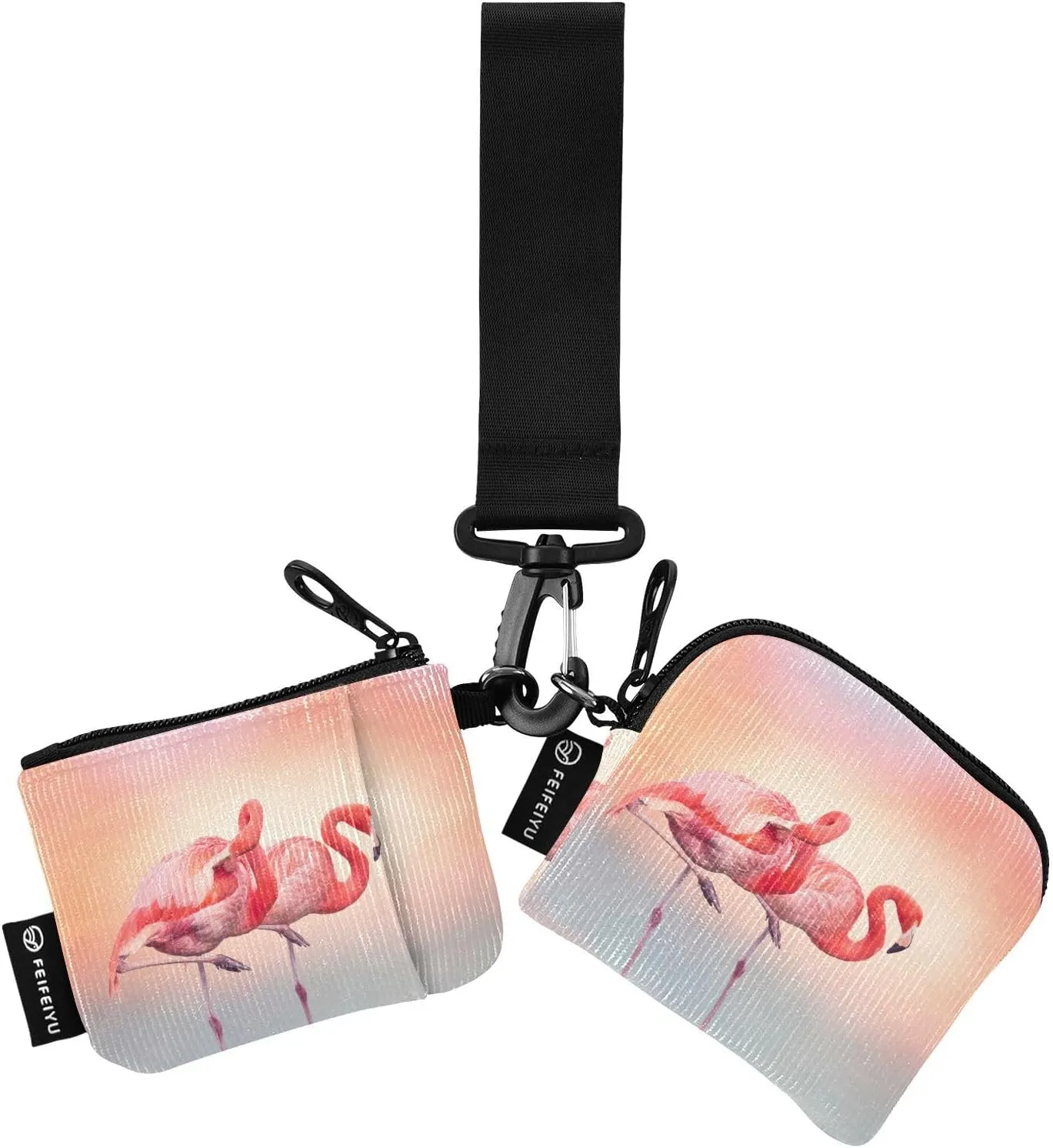 2PCS Coin Purse Wristlet Wallets Keychain Wallet Zip Around Portable Wallet with Detachable Dual Pouch Two Pink Flamingos