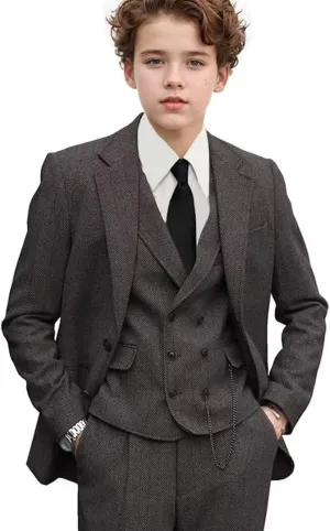3 Piece Boys Tweed Herringbone Suit Retro Slim fit Two Button Suits Jackets Vest Dress Pants for Kid Toddler Wedding