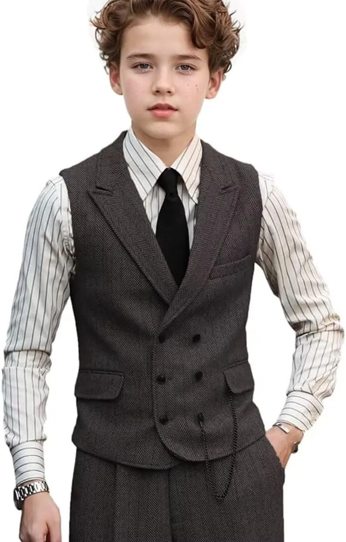 3 Piece Boys Tweed Herringbone Suit Retro Slim fit Two Button Suits Jackets Vest Dress Pants for Kid Toddler Wedding