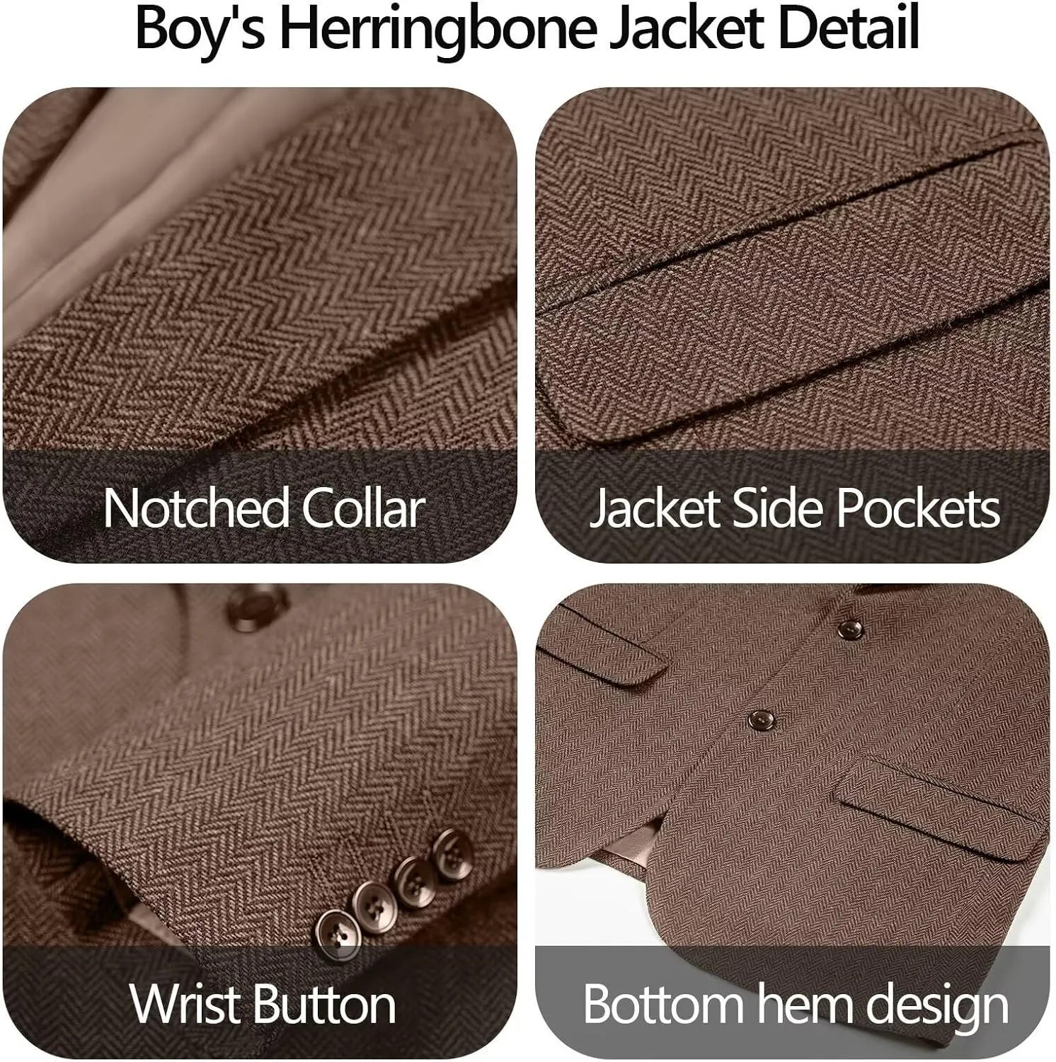 3 Piece Boys Tweed Herringbone Suit Retro Slim fit Two Button Suits Jackets Vest Dress Pants for Kid Toddler Wedding
