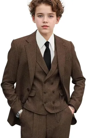 3 Piece Boys Tweed Herringbone Suit Retro Slim fit Two Button Suits Jackets Vest Dress Pants for Kid Toddler Wedding