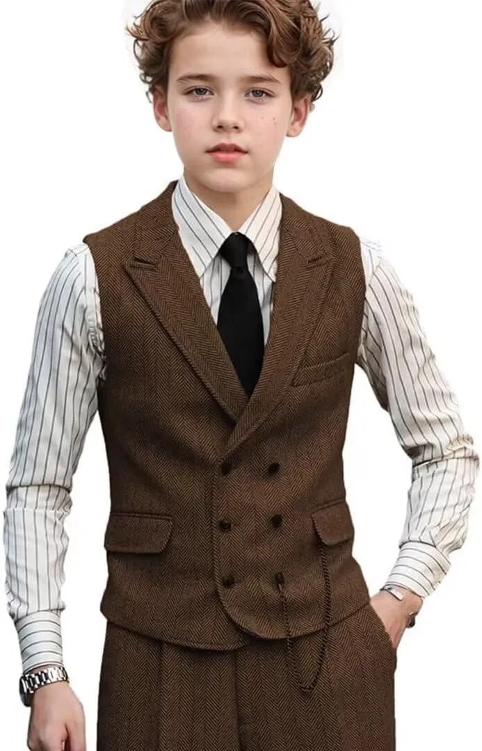 3 Piece Boys Tweed Herringbone Suit Retro Slim fit Two Button Suits Jackets Vest Dress Pants for Kid Toddler Wedding