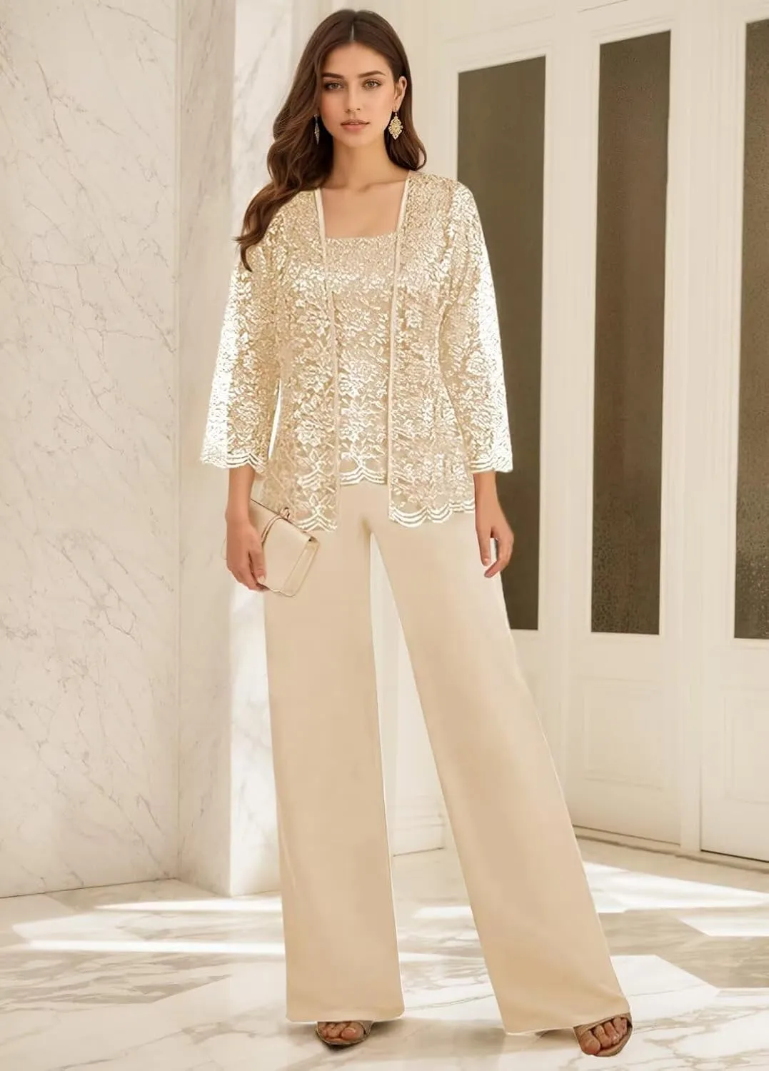 3 Pieces Mother of The Bride Pant Suits for Wedding Long Sleeve Chiffon Lace Formal Outfits for Women 2025 with Jackets