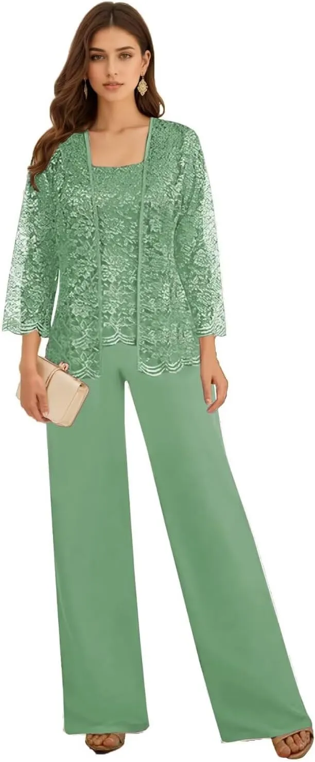 3 Pieces Mother of The Bride Pant Suits for Wedding Long Sleeve Chiffon Lace Formal Outfits for Women 2025 with Jackets