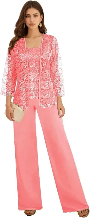 3 Pieces Mother of The Bride Pant Suits for Wedding Long Sleeve Chiffon Lace Formal Outfits for Women 2025 with Jackets