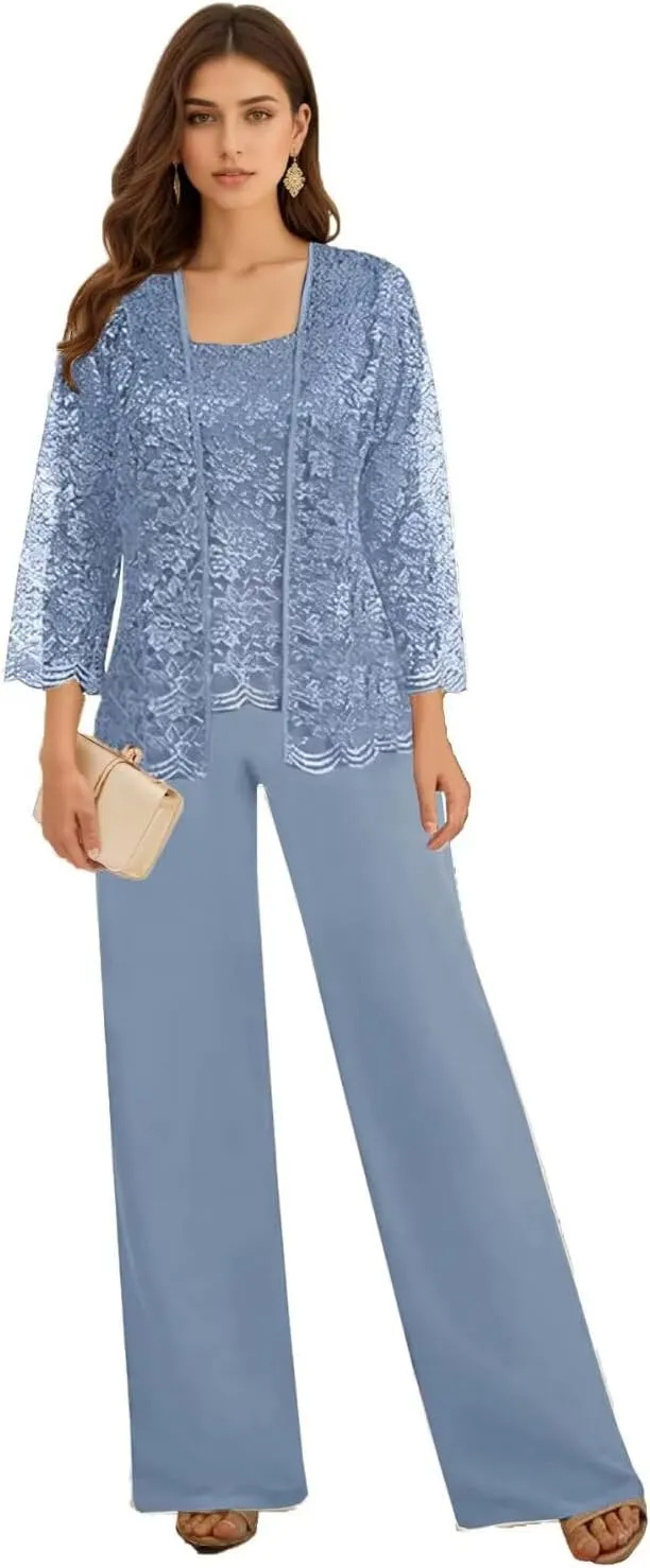 3 Pieces Mother of The Bride Pant Suits for Wedding Long Sleeve Chiffon Lace Formal Outfits for Women 2025 with Jackets