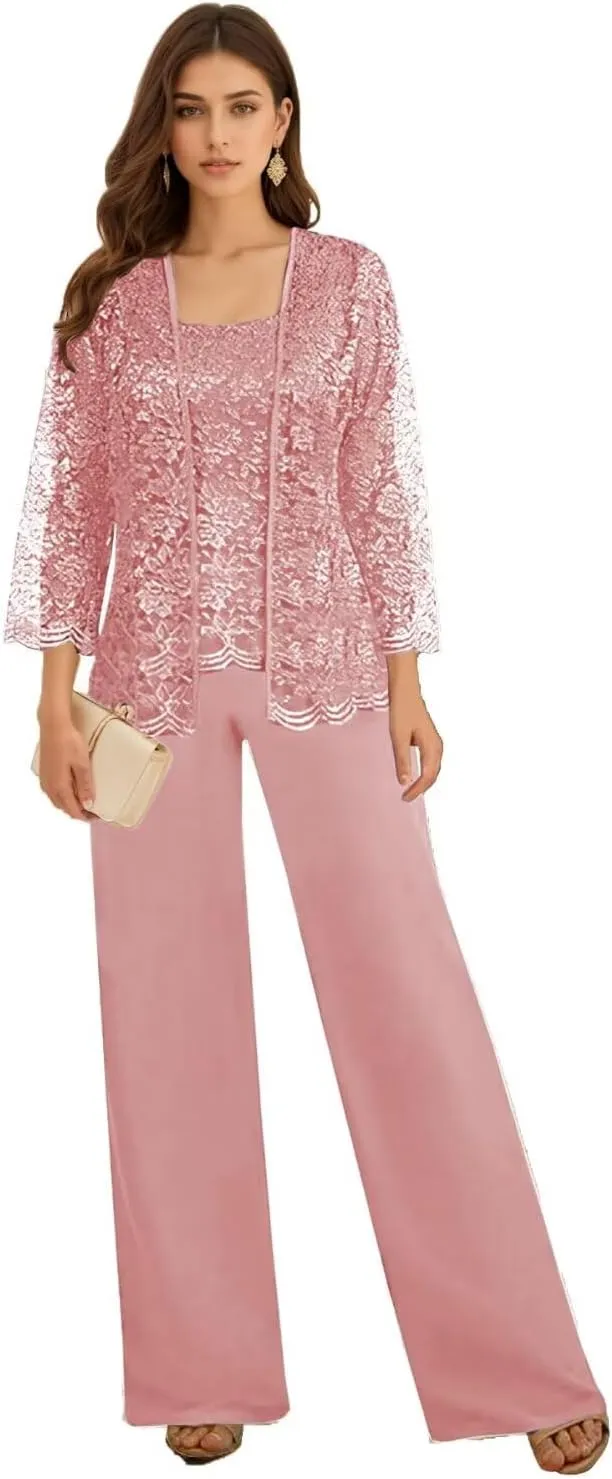 3 Pieces Mother of The Bride Pant Suits for Wedding Long Sleeve Chiffon Lace Formal Outfits for Women 2025 with Jackets