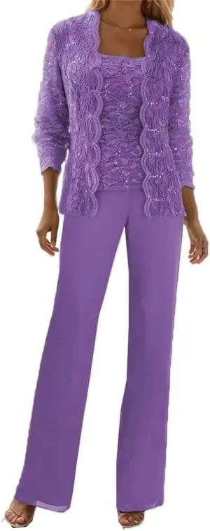 3 Pieces Mother of The Bride Pant Suits for Wedding with Jackets Long Sleeve Chiffon Formal Outfit Womens Jumpsuit