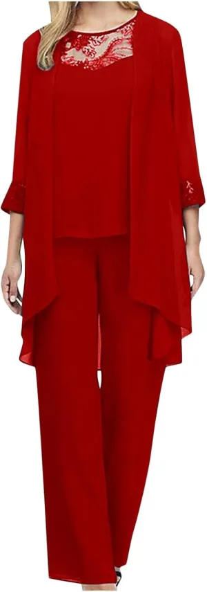 3 Pieces Mother of The Bride Pant Suits for Women Dressy Lace Patchwork Top Cardigan Wedding Formal Outfit with Jackets