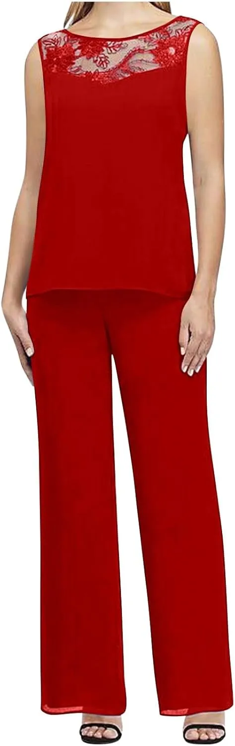 3 Pieces Mother of The Bride Pant Suits for Women Dressy Lace Patchwork Top Cardigan Wedding Formal Outfit with Jackets