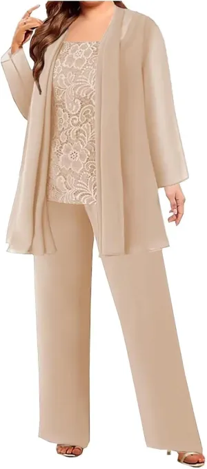 3 Pieces Mother of The Bride Pant Suits with Jackets Chiffon Lace Mother of The Groom Pantsuits for Wedding