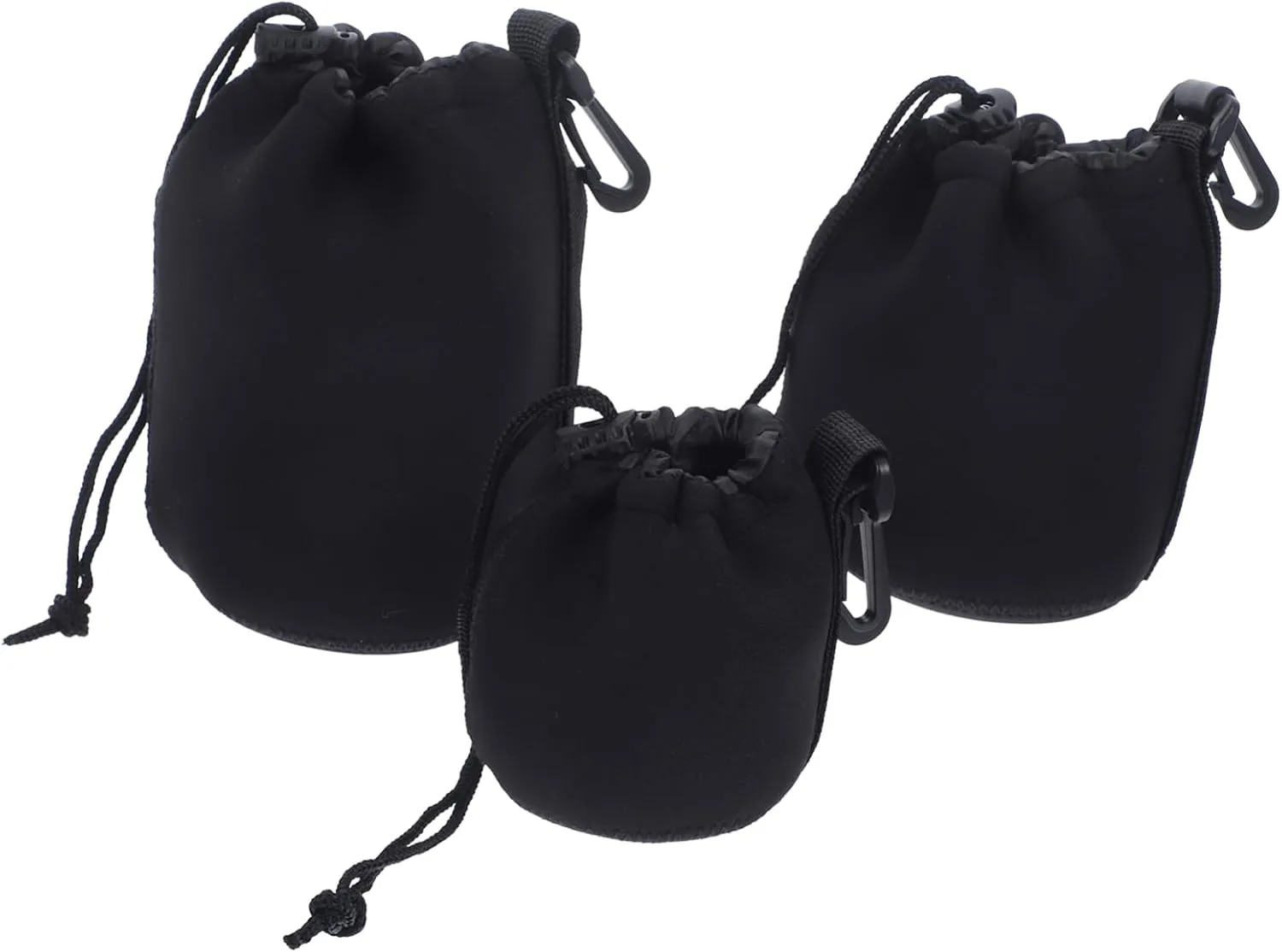 3Pcs Neoprene Camera Lens Pouch Drawstring Storage Bags for Lens Protection Padded Lens Protector with Clip for Outdoor Use