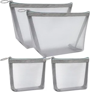 4 Pack Mesh Cosmetic Bags, Nylon Makeup Pouches with Zipper for Home Office Purse Diaper Bag (Grey)