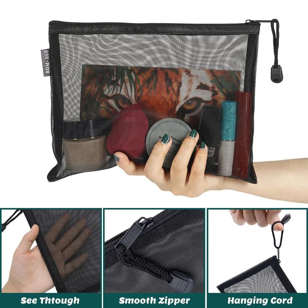 6 Pack Mesh Cosmetic Bags, Nylon Makeup Pouches with Zipper for Home Office Purse Diaper Bag (Black)