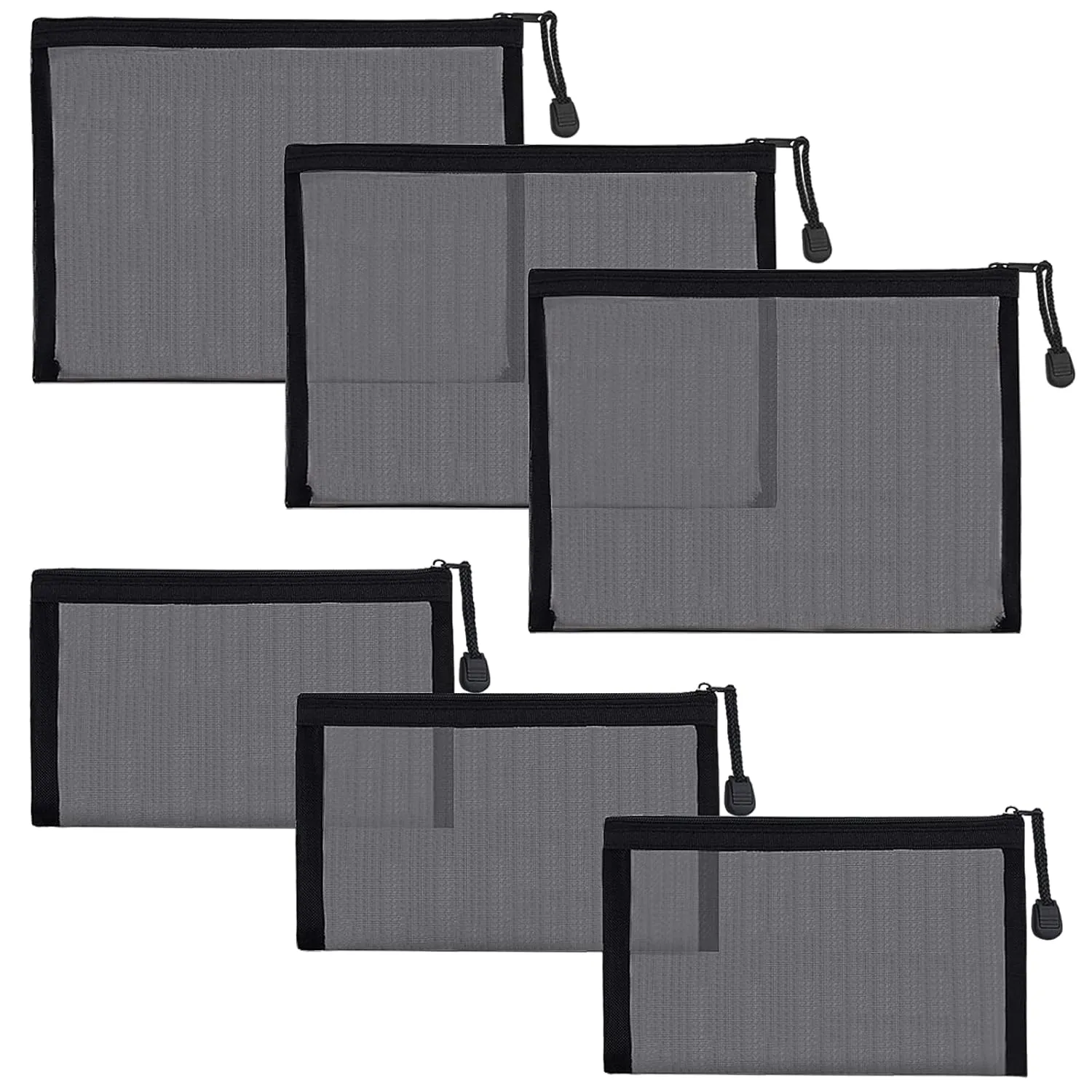 6 Pack Mesh Cosmetic Bags, Nylon Makeup Pouches with Zipper for Home Office Purse Diaper Bag (Black)